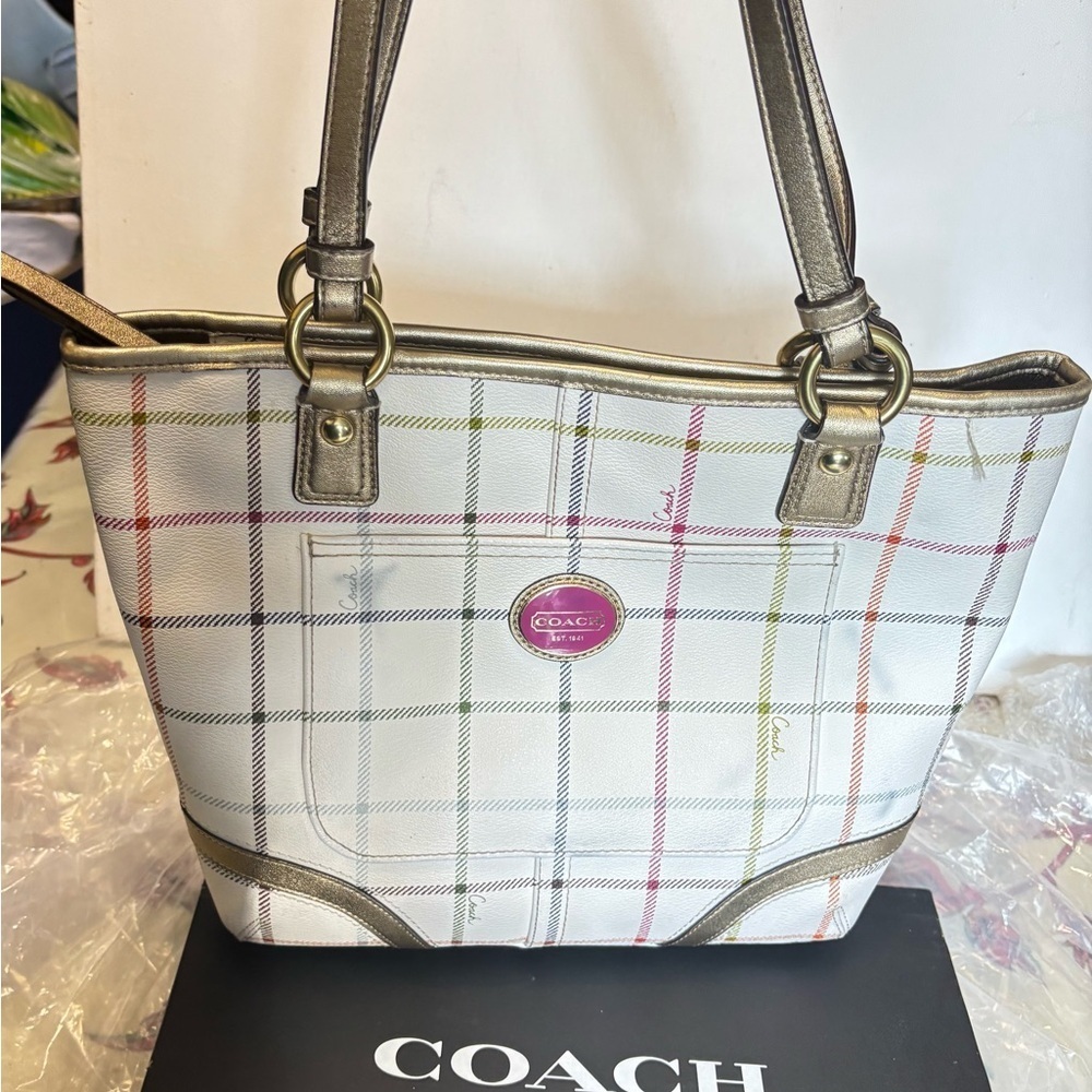 Coach Heritage Tattersall Signature Off White Shoulder Handbag